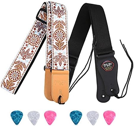 Vintage Guitar Strap [2 Pack], 1 Woven Braided Adjustable Strap + 1 Black Nylon Strap with Leather End for Acoustic and Electric Guitar &amp; Bass (3 Matching Picks Included)