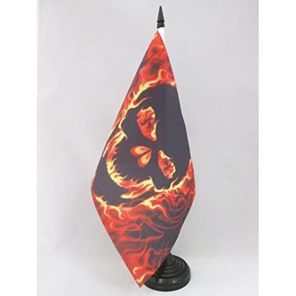 AZ FLAG Skull with Fire Table Flag 5'' x 8'' - pirate Office Decoration 100% Polyester 21 x 14 cm - Mini Desk Flag with Pole and Black Plastic Base