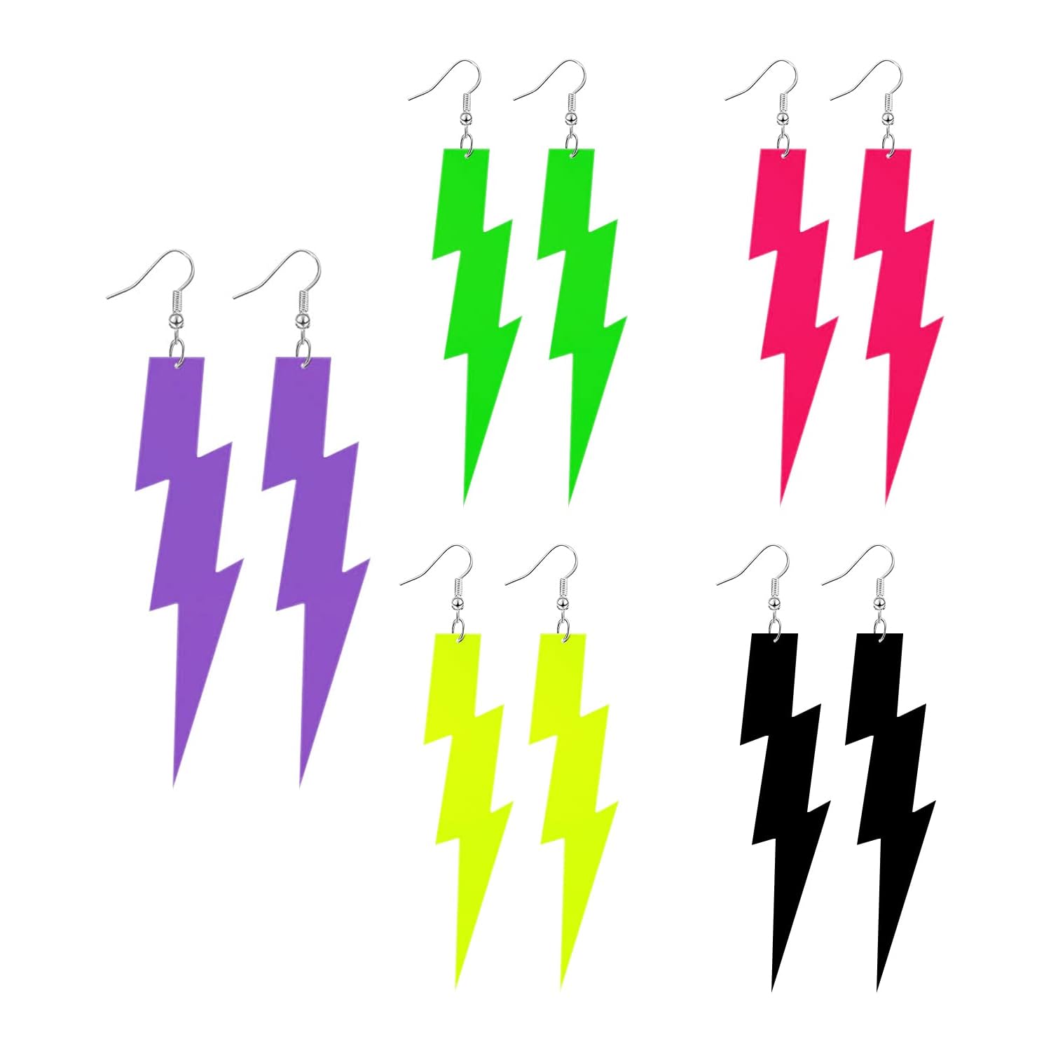 LSYYSL 5 Pairs Neon Flash Earrings, Retro Acrylic, Black, Rose, Green, Purple, 9cm & 11.6cm, Clip-on, Adult, Female, Halloween, Theme Party, Costume Fancy Dress