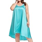 AMPLUSBEAU Women's Plus Size Satin Nightgown Sleeveless Chemise Slip Lingerie Sleepwear with Floral Neckline