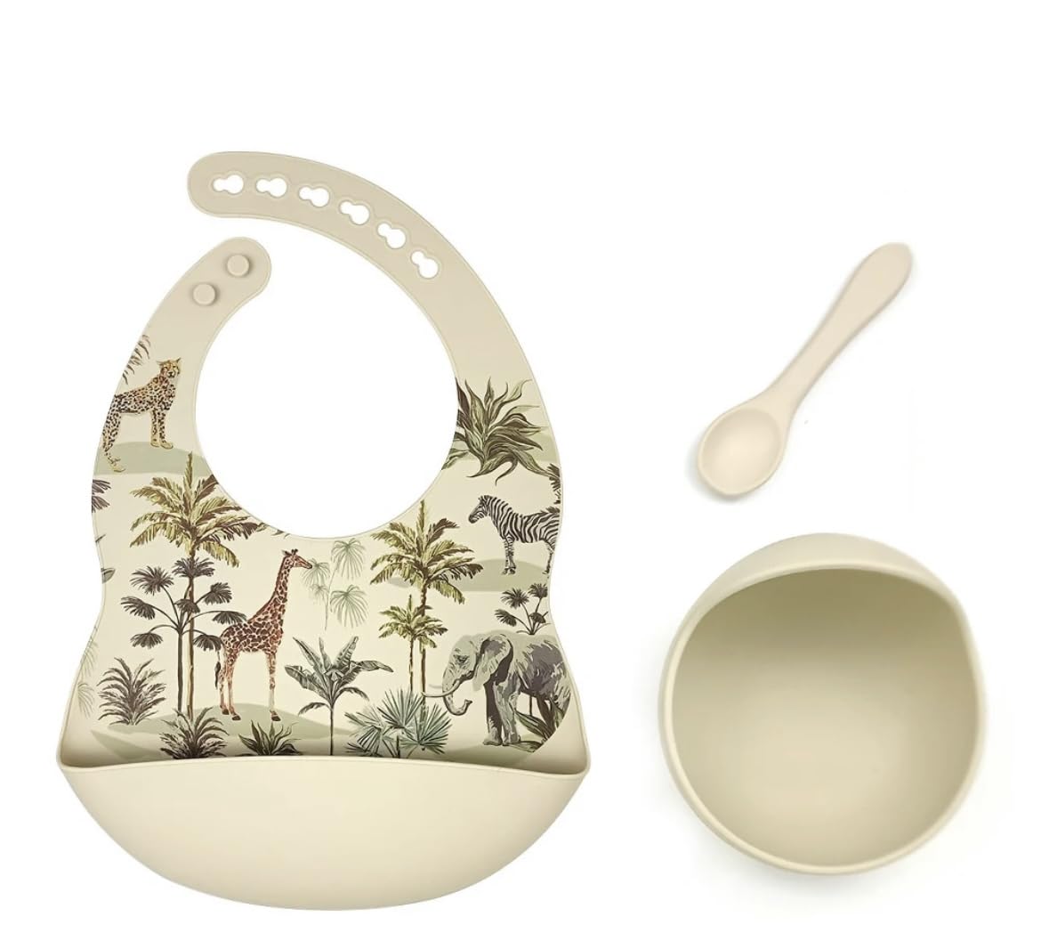 Generico Silicone Baby Feeding Set - Baby Bib with Feeding Pocket, Suction Bowl and Spoon - Easy Clean Non Slip Weaning Kit, Safari, One Size