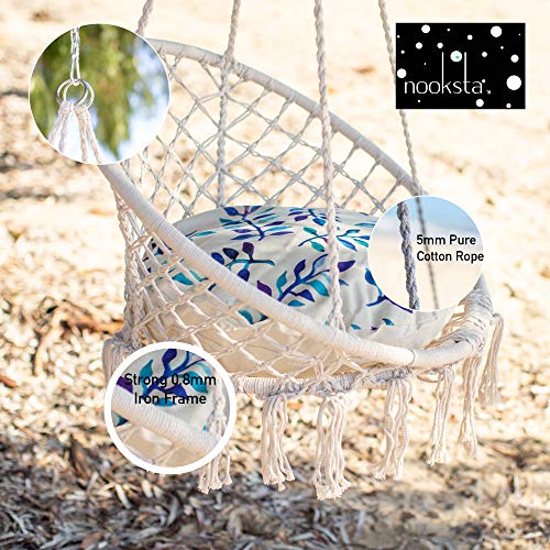 Nooksta Macrame Hanging Chair Swing Chairs Included Cushion & Hanging KIT for Indoor Outdoor, Hammock Stand, Ceiling or Tree Swing. Blue Vine Cushion - Thumbnail 4