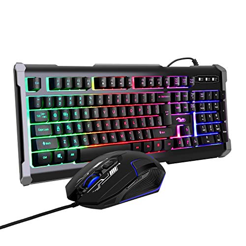 BAKTH Rainbow LED Backlit Mechanical Feeling Gaming Keyboard and Mouse Combo, USB Wired Keyboard and Mouse with 4000 DPI for Game or Office