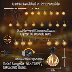 Outdoor String Lights with Dimmer, 2 Pack 98FT LED