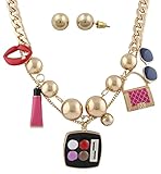 Goldtone 20 Inch Cuban Link Necklace with Dangling Beauty Product Charms Jewelry Set