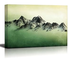Mountains Over a Green Watercolor Gradient Background - Canvas Art Home Art - 12x18 inches