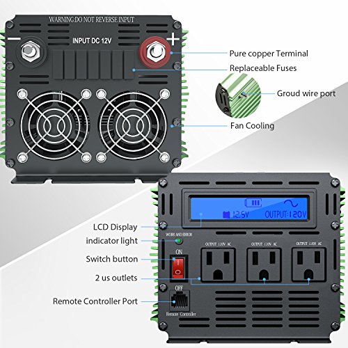 EDECOA 1500W Peak 3000W Pure Sine Wave Power Inverter DC 12V to 110V AC with LCD Display and Remote Controller