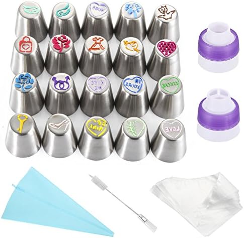 Russian Piping Tips - Cake Decorating Supplies - 34pcs Baking Supplies Set | 20 Stainless Steel Large Size Icing Nozzles + 11 Pastry Bags + 2 Couplers + 1 Cleaning Brush