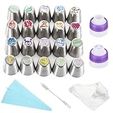 Russian Piping Tips - Cake Decorating Supplies - 34pcs Baking Supplies Set | 20 Stainless Steel Large Size Icing Nozzles + 11 Pastry Bags + 2 Couplers + 1 Cleaning Brush