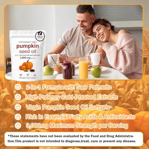 Pumpkin Seed Oil, Pumpkin Seed Oil Capsules with Saw Palmetto| for Hair Growth - Non-GMO - 180 Softgels | 3000mg Cold Pressed white