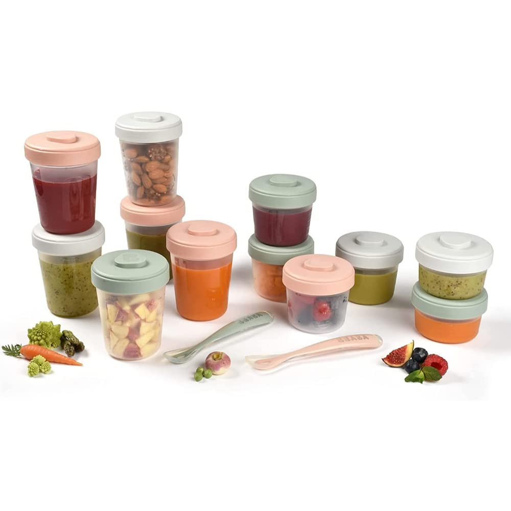 Beaba Set of 12 Storage Pots and 2 Silicone weaning Spoons, Interlocking, Stackable Pots, 100% Airtight, Freezable, Breast Milk, 2x90 ml + 4x150 ml + 6x250ml, Eucalyptus