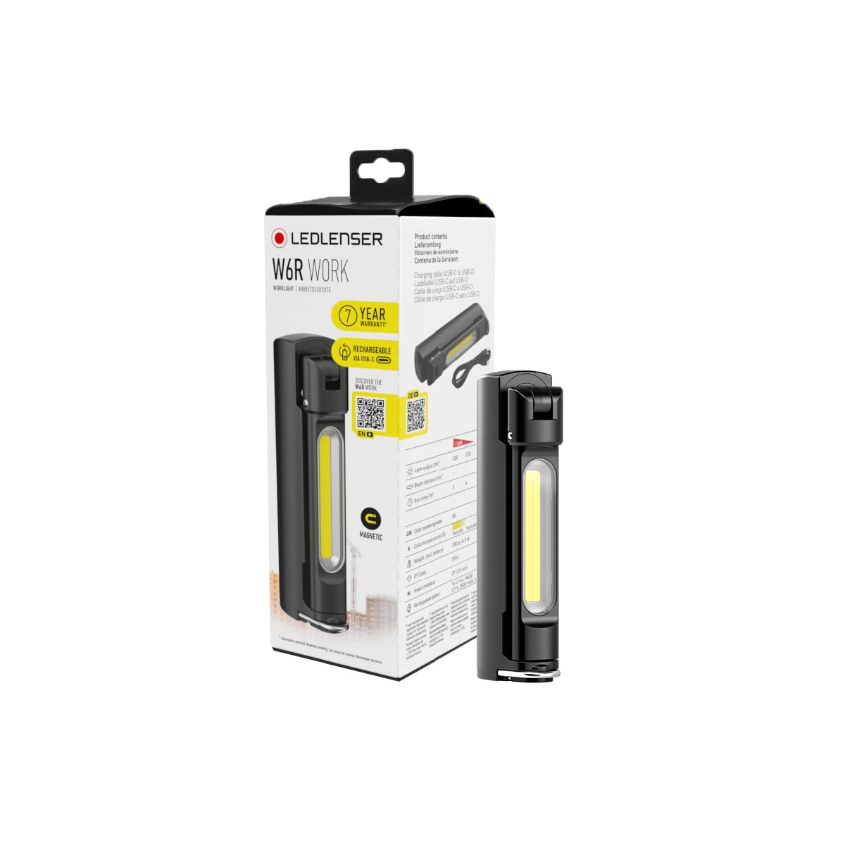 Ledlenser W6R Work 500lm Rechargeable Foldout and Rotatable COB Inspection Torch LED, Inc Magnet Base & Hook, IP54, USB-C, Super Bright Compact Work Light, Cordless Lamp, Workshop Garage Mechanic