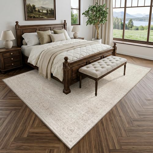 Beauoop Washable Area Rug Beige Neutral 160x230 cm Vintage Non Slip Low Pile Distressed Traditional Indoor Carpet for Living Room Bedroom Soft Retro Thin Rug for Dining Office Kitchen Dorm Entryway