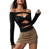 TPQYMX Women's Sexy Ruched Ruffle Cut Out Crop Top Long Sleeve Backless Off Shoulder Bodycon Slim T Shirt Streetwear