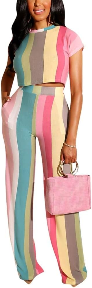 Women Striped Printed Crew Neck Short Sleeve Crop Tops High Waist Long Pants 2 Piece Outfits