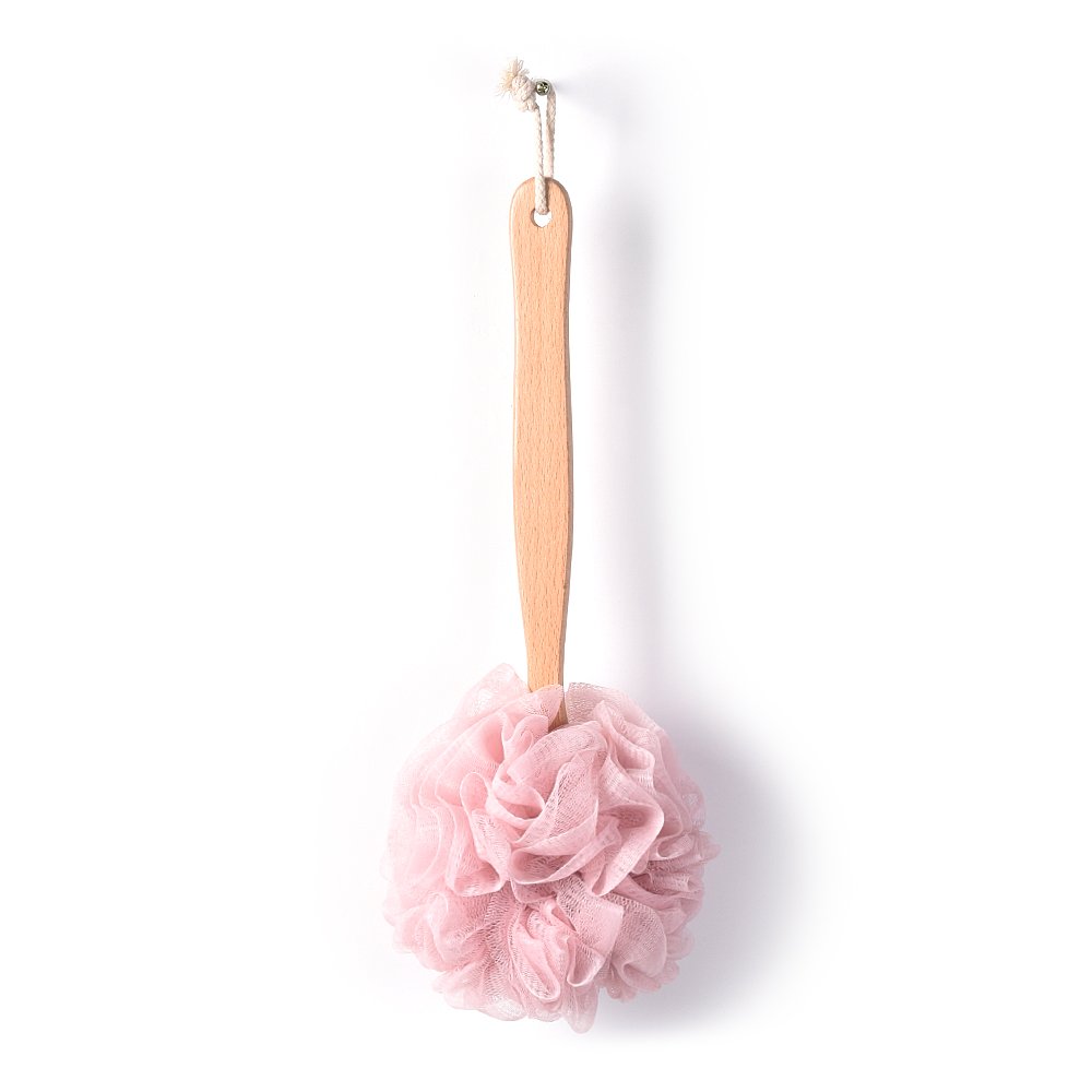 Bath Sponge & Brush Long Handled Loofah Back Scrubber Shower & Bath Exfoliating Pouf Scrubber on a Stick Body Back Brush with a Wood Handle Loofah Mesh for Men & Women By Krramel (PINK)