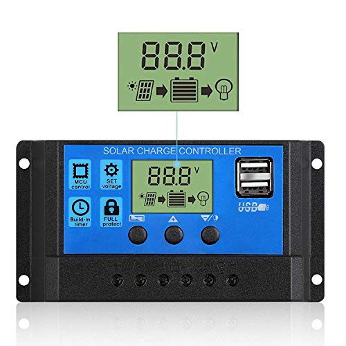 Linkhood Solar Charge Controller, Dual USB Port Solar Panel Battery Intelligent Regulator, Multi-Function Adjustable LCD Display Street Light Controller, 12V24V 30A