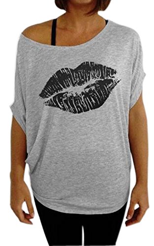 Smile Fish Women Casual Oversized Sexy Lips Print Off Shoulder T-shirt(Gray-Black Lip,M)