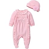 Infant Baby Girl Ruffled Cotton Footies Footed Overall Romper with Hat Toddler Baby Footed Jumpsuit