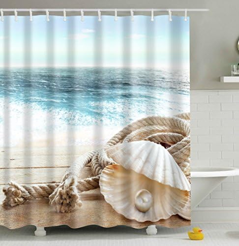 Shower Curtain, Qile 3D Premium Waterproof Mildew-Resistant Anti-Bacterial Polyester Bathroom Shower Curtains with 12 Ring Hooks, 71 x 71inch (Sea Rope Shells)