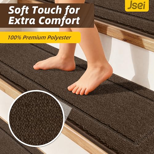 Non-Slip Stair Treads for Wooden Steps Indoor, 15 Pack 8" X 30" Edging Stair Rugs with TPE Backing,0.45" Thick Carpet Stair Treads for Kids Elders & Pets, 100% Polyester Soft Stair Runners, Brown