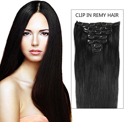 16" Clip in Real REMY Human Hair Extensions 8 pieces SALON PROESSIONAL STYLE 100G/SET, 1 Jet Black Color