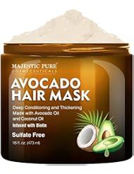 Majestic Pure Avocado and Coconut Hair Mask for Dry Damaged Hair - Infused with Biotin - Deep Conditioning, Hair Thickening, for Healthy Hydrated Hair, Sulfate Free, 16 fl oz