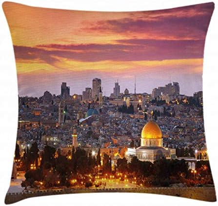 WCMBY Landscape Throw Pillow Cushion Cover, Ancient Old City of Jerusalem Historical Town Center Israel Twilight View, Decorative Square Accent Pillow Case, 18 X 18 Inches, Multicolor