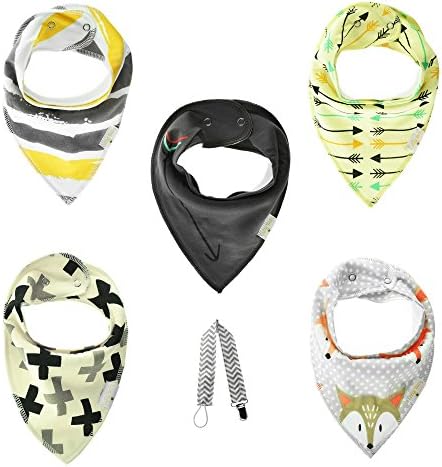 Baby Bandana Drool Bibs for Drooling and Teething by Calily Baby, 5 Pack Bib Set With Bonus Pacifier Clip, Absorbent 100% Cotton for Boys and Girls, Baby Shower Gift