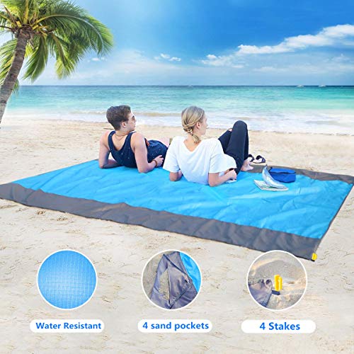 UPSTONE Sand Free Beach Blanket Mat - 82''×79'' 【Include 2 pcs Inflatable Pillow】Waterproof Travel Hiking Camping Picnic Mat Outdoor Large Beach Blanket Sand Proof with Drawstring Carrying Bag - Blue
