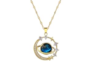 14K Gold Planet Pendant Necklace Women's Planet Necklace Zirconia Necklace Moon and Saturn Necklace Women's Blue Starry Night