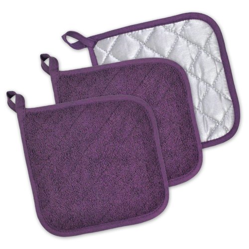 DII 100% Cotton, Machine Washable, Everyday Kitchen Basic Terry
Potholder Set of 3, Eggplant