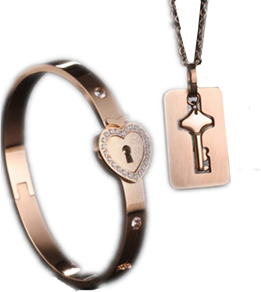 FACOCO Personalized Titanium Key Necklace and Lock Bracelet Couple Bracelets Set