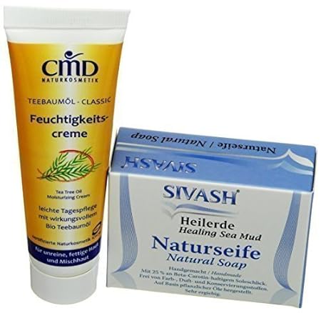 Pflegeset für unreine, fettige Haut: SIVASH-Heilerde-Naturseife 100g + Teebaumöl Feuchtigkeitscreme 50ml