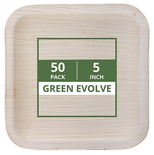 Green Evolve 810017651467 Palm Leaf Set (50 Pack) | 5" Appetizer or Dessert Plates | Heavy Duty Ecofriendly Disposable Dinnerware |, 5" Square, Light Brown