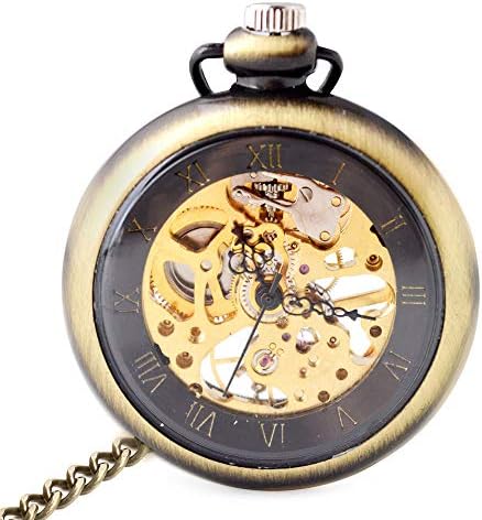 Mens Vintage Skeleton Gem Mechanical Pocket Watch Steampunk Windup Half Hunter with Chain