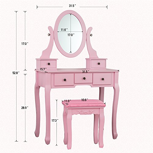 Fineboard HFB-VT07-PK Single Mirror Dressing Set Five Organization Drawers Vanity Table with Wooden Stool, Pink