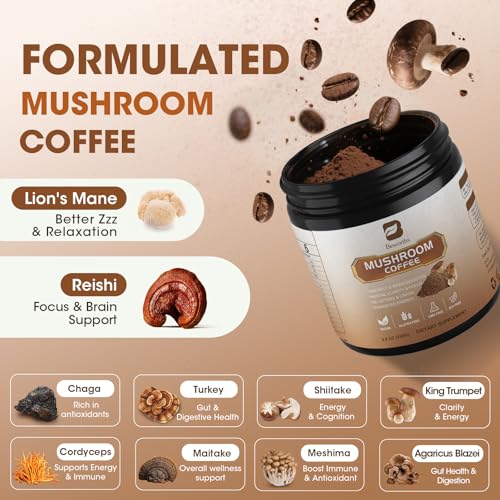 250g Mushroom Coffee - Lion's Mane Mushroom Instant Coffee Powder with Lions Mane, Reishi, Chaga, Cordyceps, Turkey Tail - Mushroom Alternative Coffe for Energy, Mental Clarity & Focus, Brain Booster