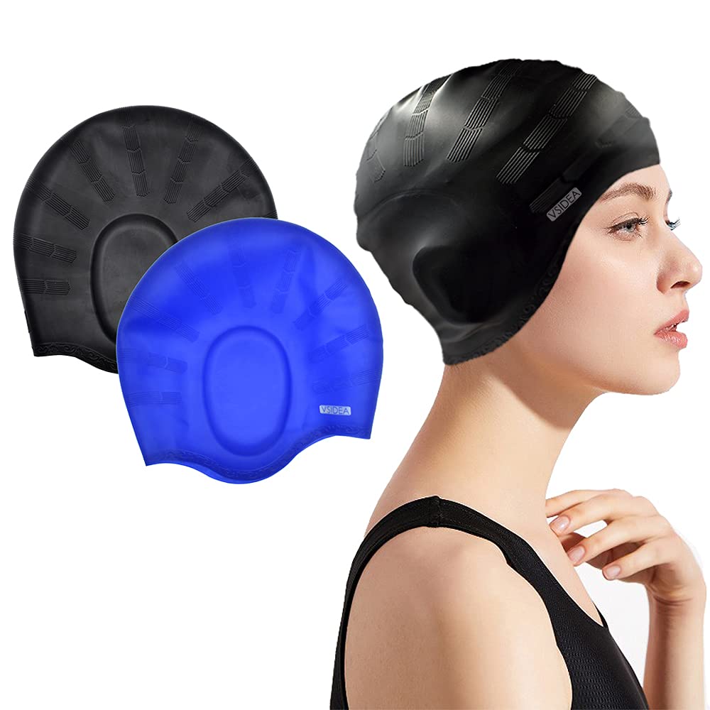 Vsidea Silicone Swim Cap (2pack),Ear Protection 3D Ergonomic Design Waterproof Bathing Solid Swimming Cap Ear Cover Pockets Comfortable for Adult Men Women Long Hair (Black+Blue)