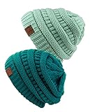 Unisex Trendy Warm Chunky Soft Stretch Cable Knit Slouchy Beanie Skully (Gift Set- Teal & Mint)