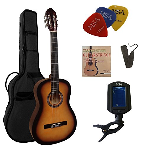 44-GITARRE-KONZERTGITARRE-IM-SET-CLASSIC-SUNBURST-DECKE-LINDENHOLZ-TASCHE-BAND-SAITEN-3xPIK-STIMMGERT-ET33B-C25