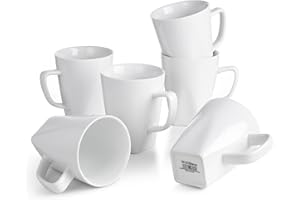 WishDeco White Coffee Mugs Set of 6, Ceramic Coffee Cups 14 oz / 400 ml, Modern Tea Mugs, Porcelain Tea Cups, Large Mug for L
