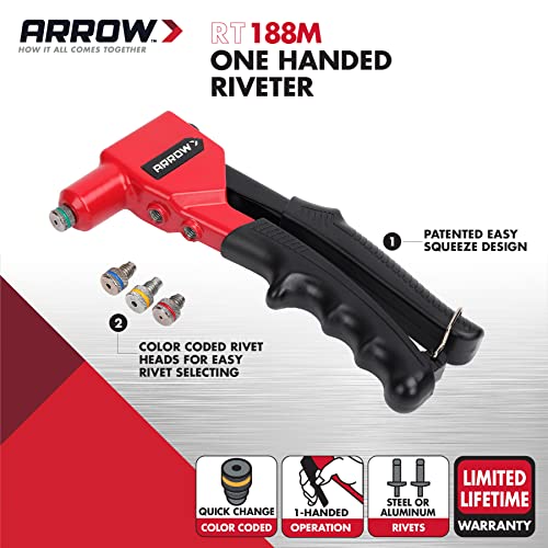 Arrow RT188M OneHanded Pop Rivet Gun, Manual Riveter for Metal, Fabric, Leather, and Auto