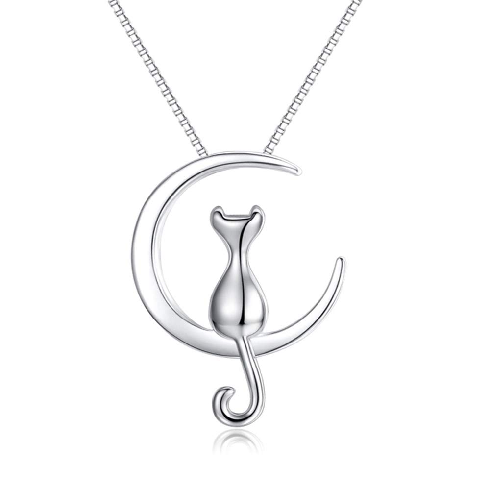 Epoch World 925 Sterling Silver Necklaces for Women Girls Cat Necklace, Moon Necklace Sterling Silver Cat, Ladies Silver Pendant Necklace Chain 40+5cm