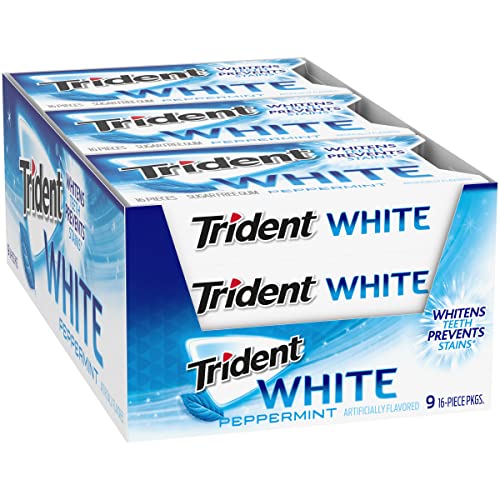 TRIDENT WHITE PEPPERMINT SUGAR-FREE CHEWING GUM, 9 PACKS OF 16 PIECES (144 TOTAL PIECES)
