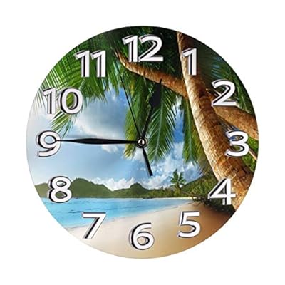 Abucaky Sea Beach Palm Trees Wall Clock Battery Operated Silent Non Ticking Round Clock Tropical Theme Wall Decor for… 518fi 69P1L