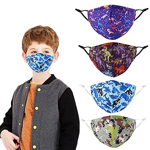 Kids Boy Face Mask Adjustable Reusable Fabric Cloth Cover , 4 Packs