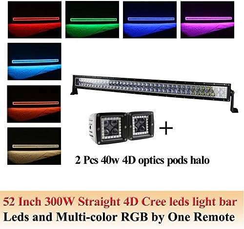 Combo Beam 30000 Lumens NKLighting Straight 4D Cree leds 300w 52inch led work light bar with RGB halo ring +2Pcs 4D Pods halo for truck Jeep 4x4 offroad SUV Driving+Swicth wireharness