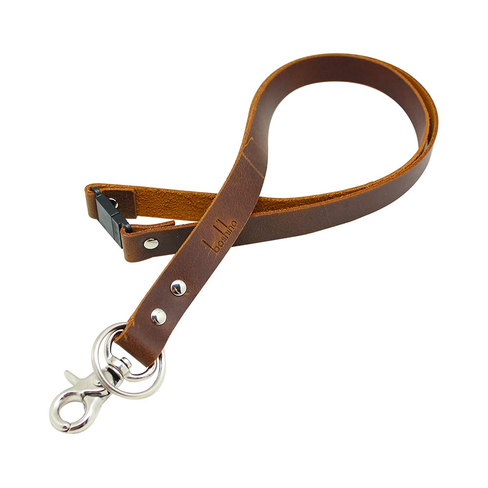 Boshiho Keychain Lanyard - Cowhide Leather Neck Lanyard with Metal Clasp for ID Badge Holder, Keys, USB, Cell Phone etc (Dark brown B)