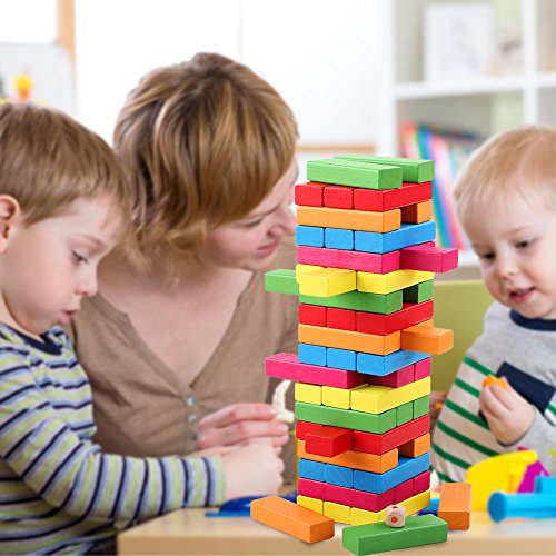 QZM Wooden Tumble Tower Stacking Games Hardwood Blocks Building Toys Color Match 54 Pieces